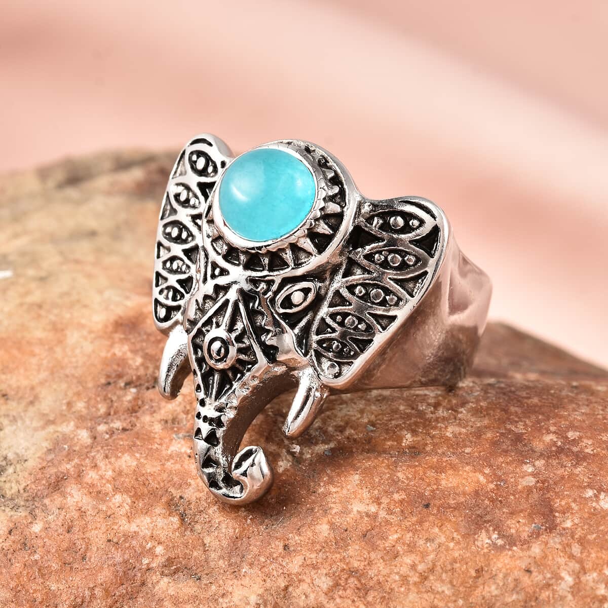 Amazonite Elephant Head Ring in Stainless Steel (Size 10.0) 0.90 ctw image number 1