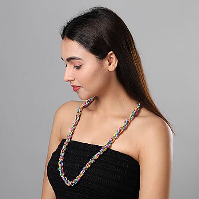 Multi Color Glass Seed Beaded Necklace (30 Inches) in Goldtone