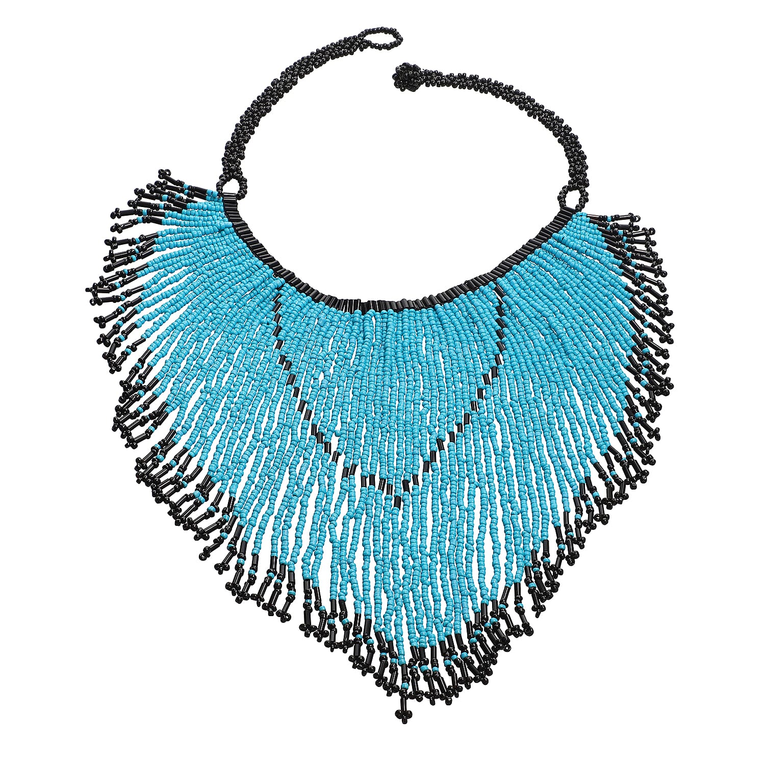 Turquoise and Black Glass Seed Beaded Necklace (14-20.50 Inches) in Goldtone