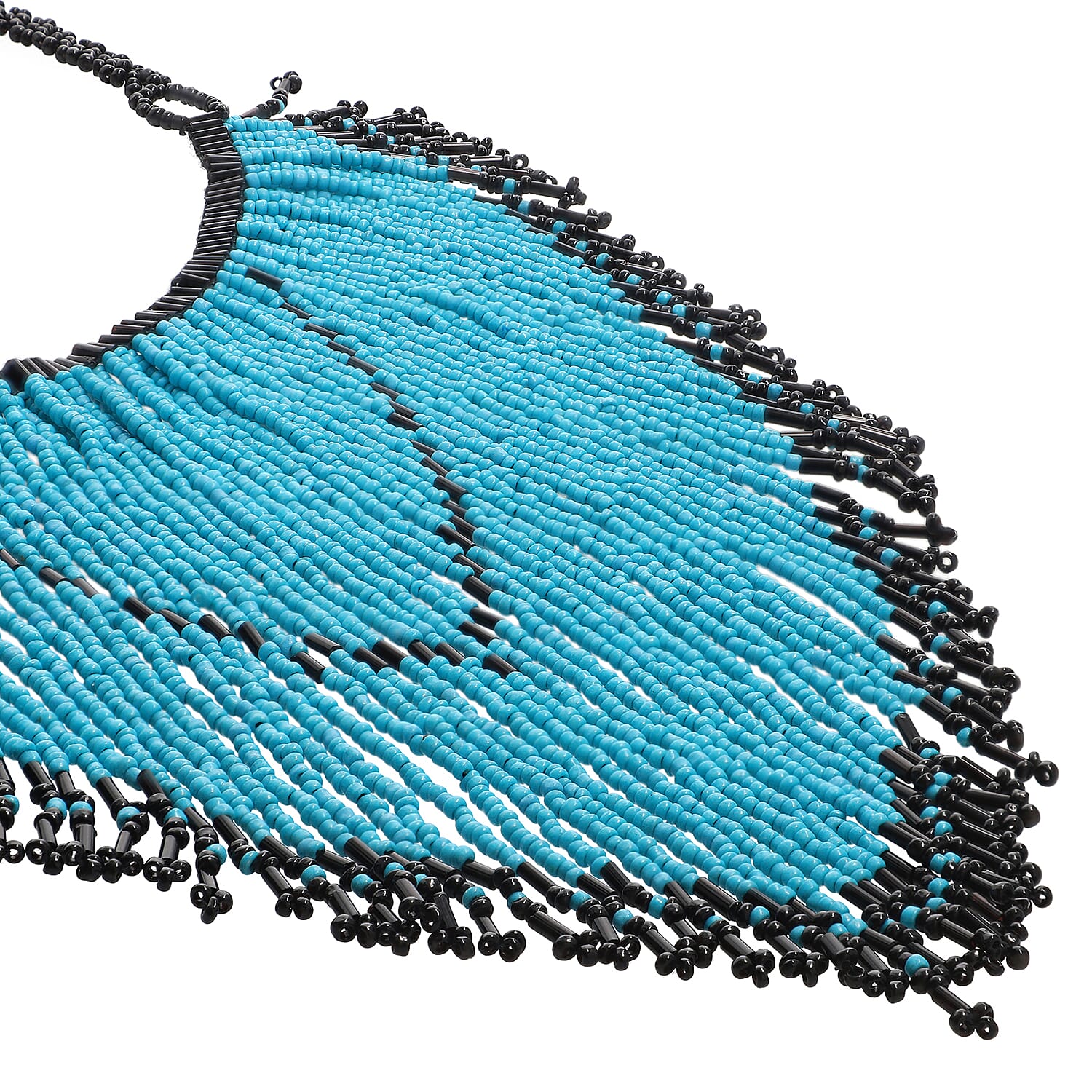 Turquoise and Black Glass Seed Beaded Necklace (14-20.50 Inches) in Goldtone