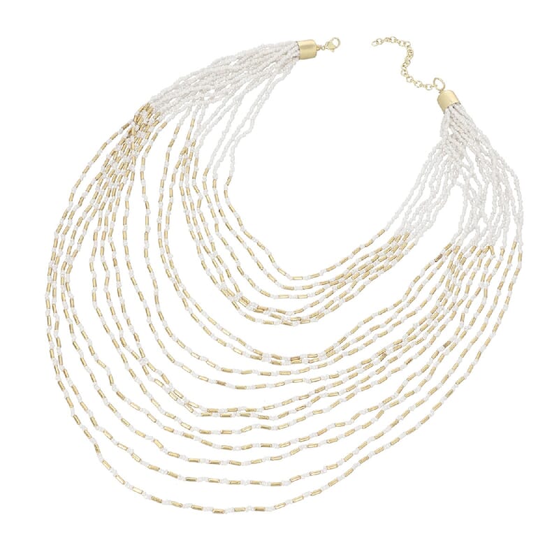 White and Gold Glass Seed Beaded Multi Strand Necklace (30 Inches) in Goldtone