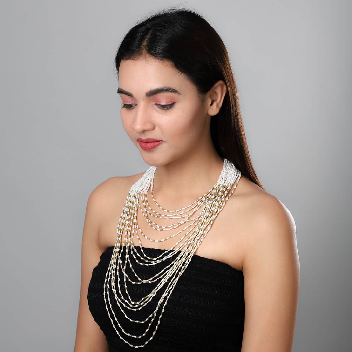 White and Gold Glass Seed Beaded Multi Strand Necklace (30 Inches) in Goldtone image number 1