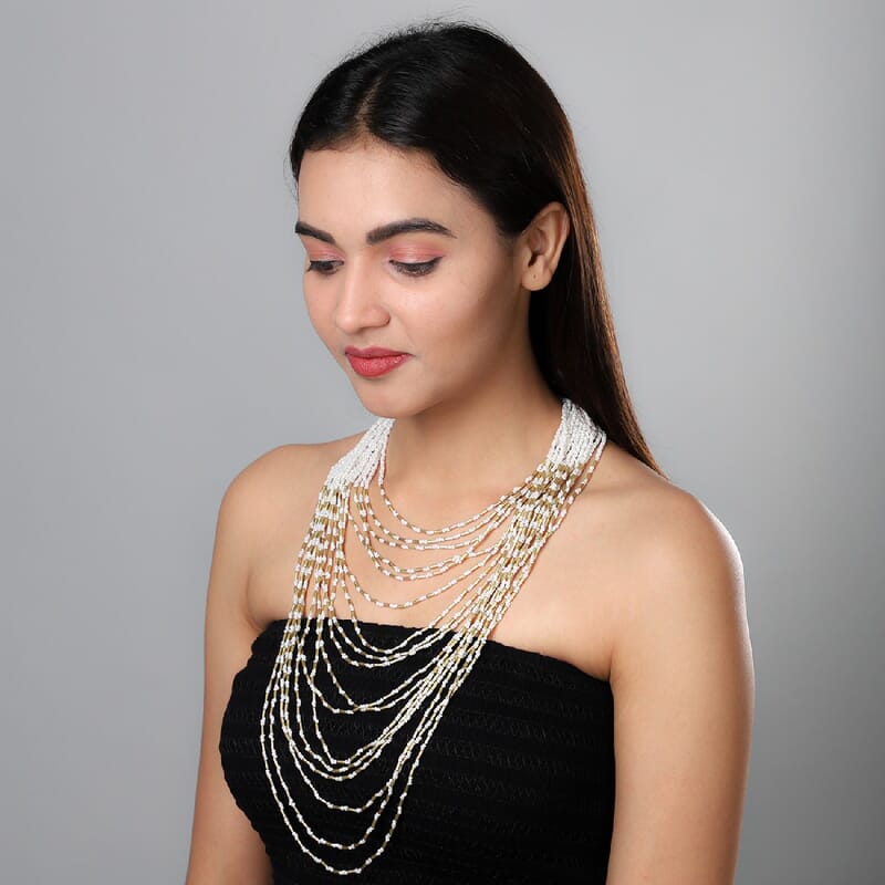 White and Gold Glass Seed Beaded Multi Strand Necklace (30 Inches) in Goldtone