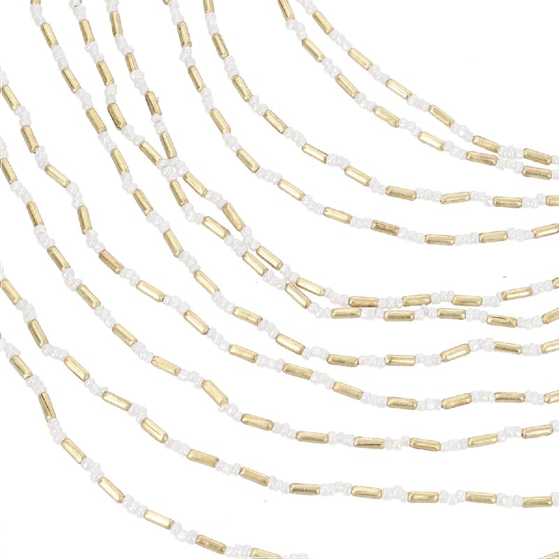 White and Gold Glass Seed Beaded Multi Strand Necklace (30 Inches) in Goldtone