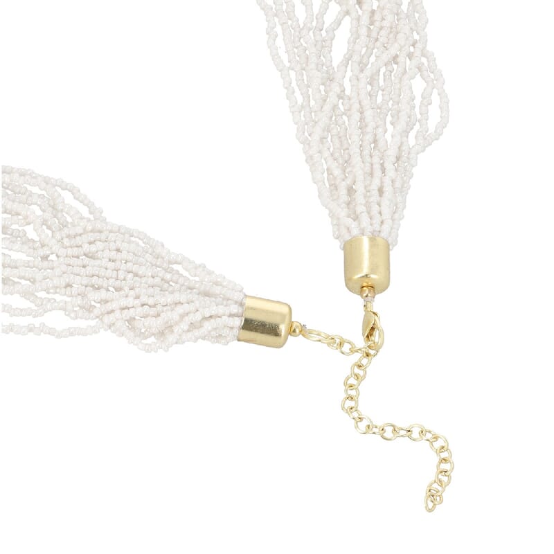 White and Gold Glass Seed Beaded Multi Strand Necklace (30 Inches) in Goldtone