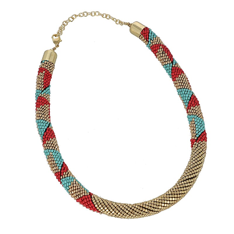 Red Glass Seed Beaded Necklace in Goldtone 18 Inches