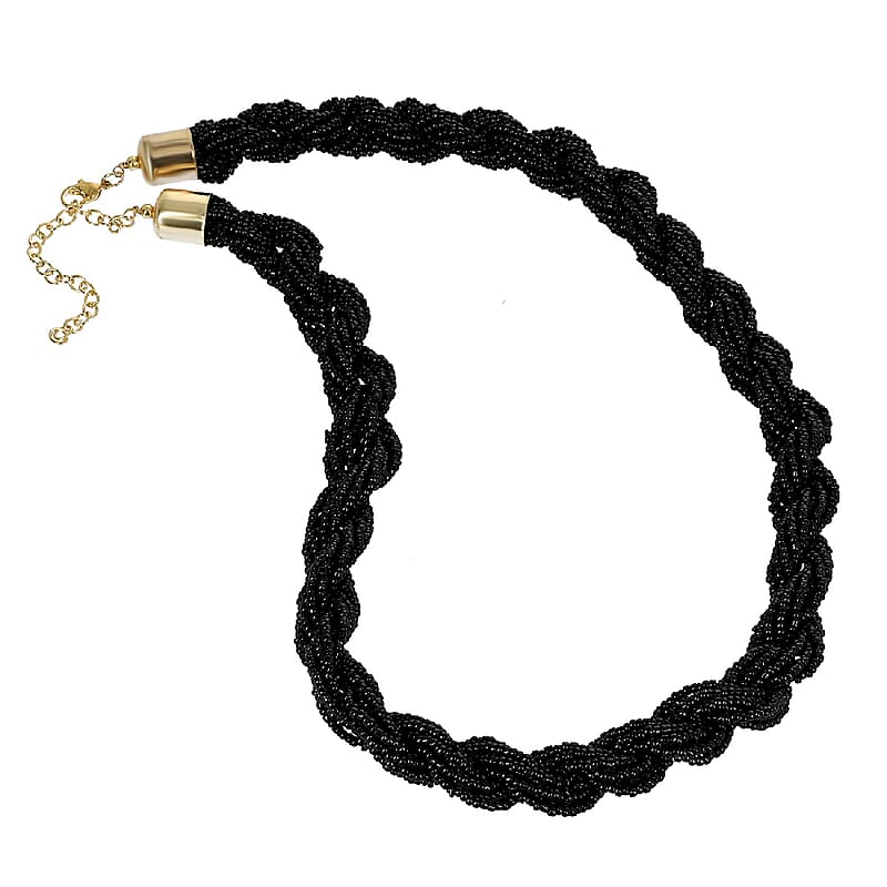 Black Glass Seed Beaded Necklace (22 Inches) in Goldtone