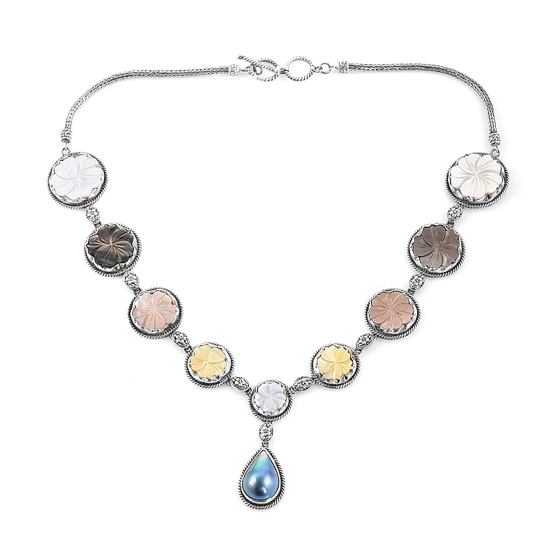 Bali Legacy Mabe Pearl and Multi Color Mother of Pearl Carved Flower Necklace 18 Inches in Sterling Silver