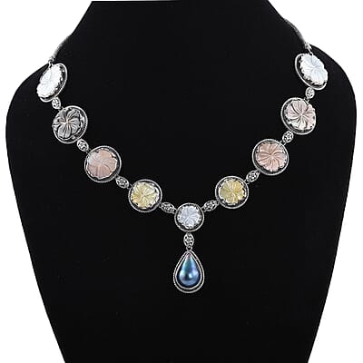 Bali Legacy Mabe Pearl and Multi Color Mother of Pearl Carved Flower Necklace 18 Inches in Sterling Silver