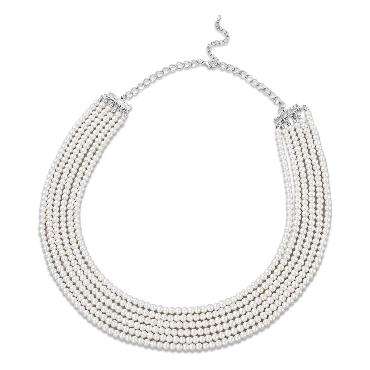 Simulated White Pearl Beaded Multi Row Necklace 28-30 Inches in Silvertone image number 0