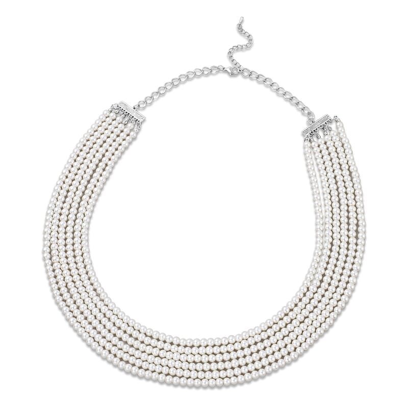 Simulated White Pearl Multi Row Necklace 28-30 Inches in Silvertone