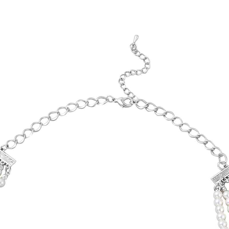 Simulated White Pearl Multi Row Necklace 28-30 Inches in Silvertone