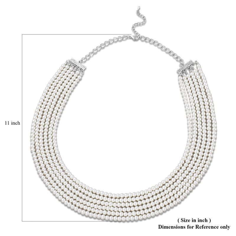 Simulated White Pearl Multi Row Necklace 28-30 Inches in Silvertone