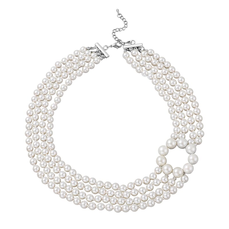Simulated Pearl Multi Row Necklace 22-24 Inches in Silvertone