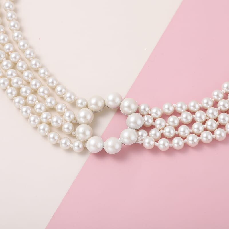 Simulated Pearl Multi Row Necklace 22-24 Inches in Silvertone