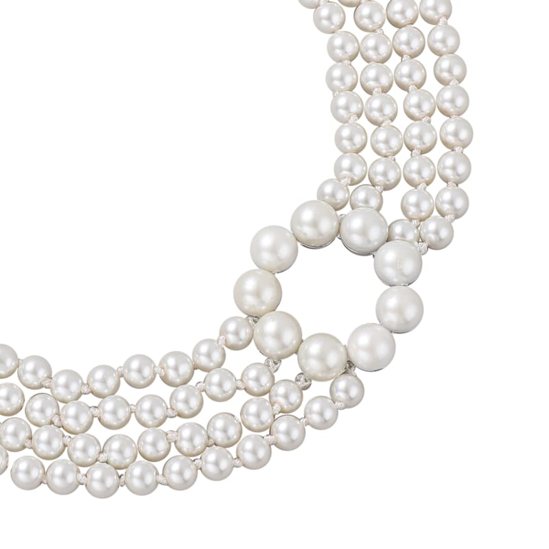 Simulated Pearl Multi Row Necklace 22-24 Inches in Silvertone