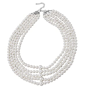 Simulated White Pearl and Simulated Pearl Multi Row Necklace with Charm 22-25 Inches in Silvertone