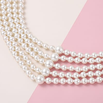Simulated White Pearl and Simulated Pearl Multi Row Necklace with Charm 22-25 Inches in Silvertone