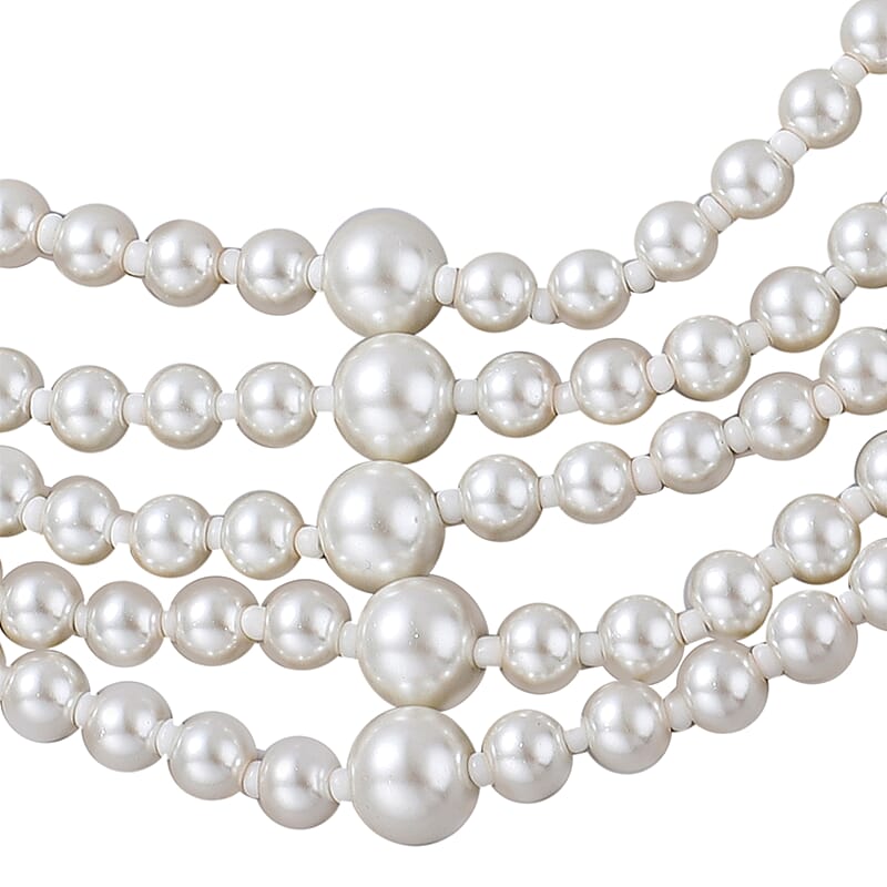 Simulated White Pearl and Simulated Pearl Multi Row Necklace with Charm 22-25 Inches in Silvertone