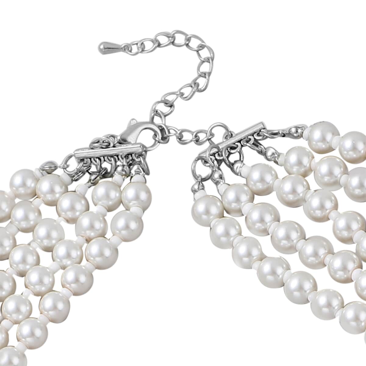 Simulated White Pearl and Simulated Pearl Multi Row Necklace with Charm 22-25 Inches in Silvertone image number 3