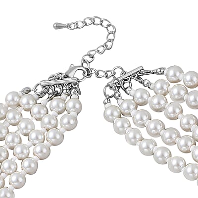 Simulated White Pearl and Simulated Pearl Multi Row Necklace with Charm 22-25 Inches in Silvertone