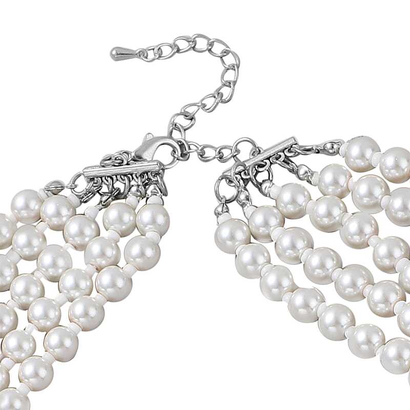 Simulated White Pearl and Simulated Pearl Multi Row Necklace with Charm 22-25 Inches in Silvertone