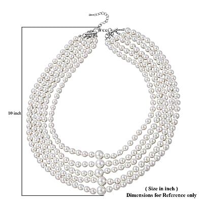 Simulated White Pearl and Simulated Pearl Multi Row Necklace with Charm 22-25 Inches in Silvertone