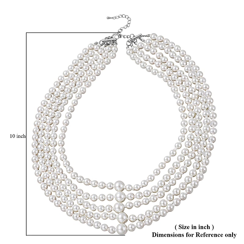 Simulated White Pearl and Simulated Pearl Multi Row Necklace with Charm 22-25 Inches in Silvertone