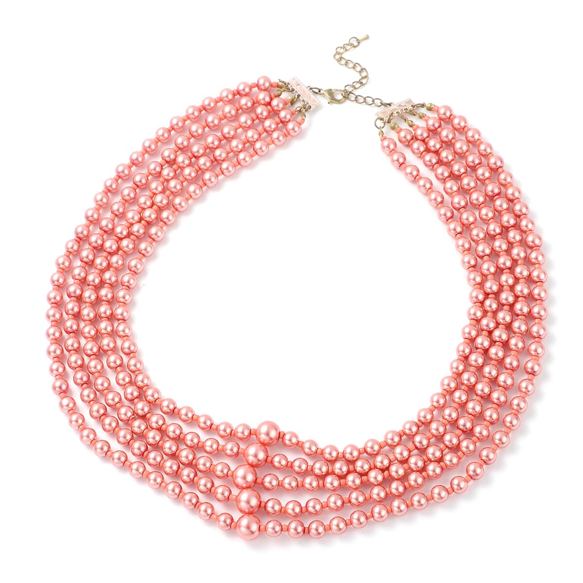 Simulated Peach Pearl Beaded Multi Row Necklace with Charm 22-25 Inches in Rosetone image number 0