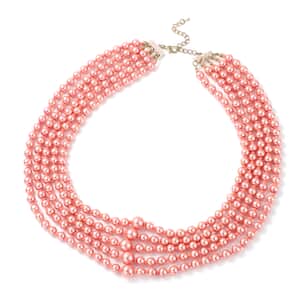 Simulated Peach Pearl Multi Row Necklace with Charm 22-25 Inches in Rosetone