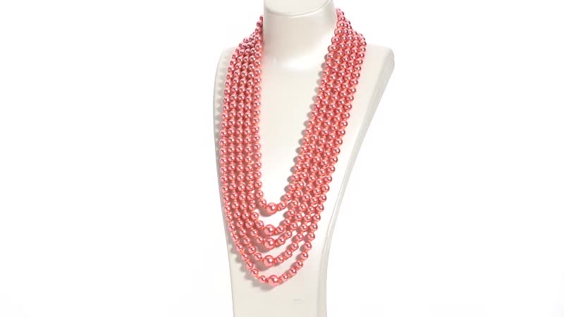 Simulated Peach Pearl Beaded Multi Row Necklace with Charm 22-25 Inches in Rosetone