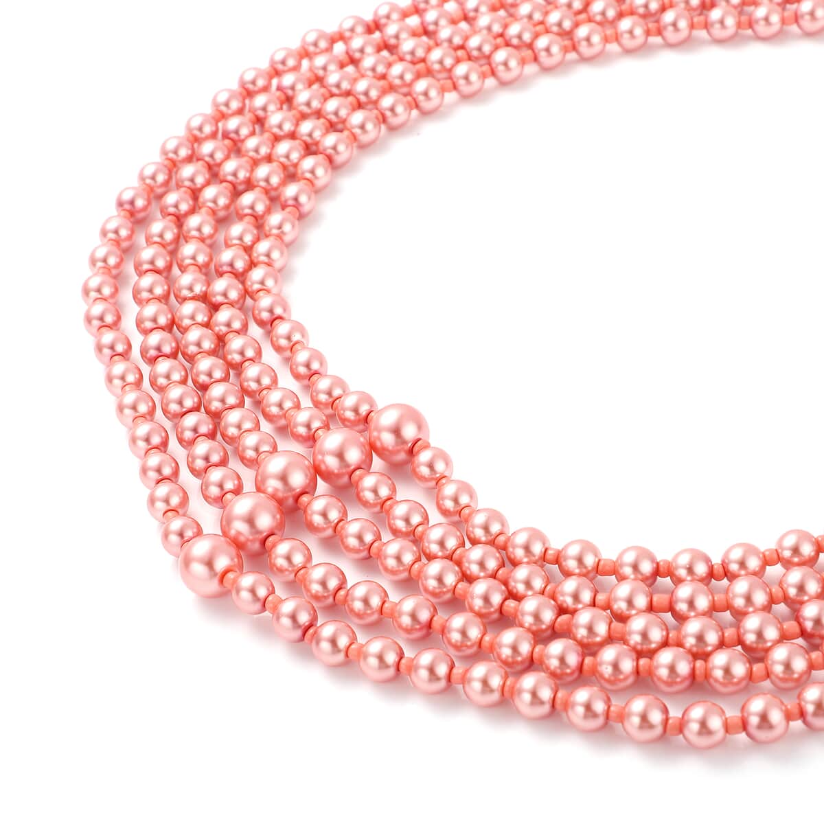 Simulated Peach Pearl Beaded Multi Row Necklace with Charm 22-25 Inches in Rosetone image number 2