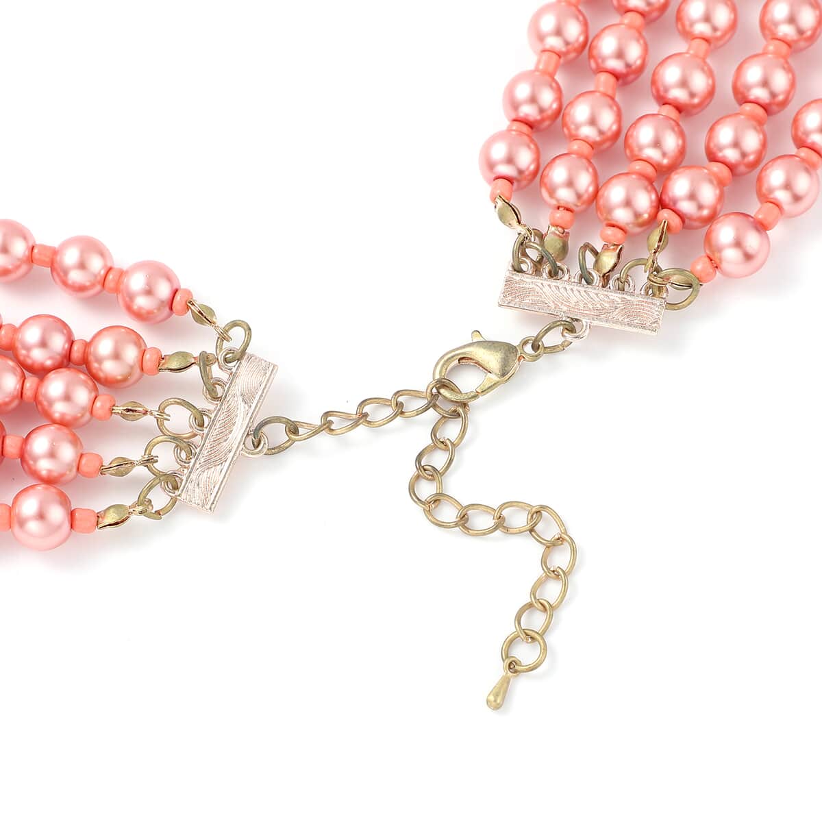 Simulated Peach Pearl Beaded Multi Row Necklace with Charm 22-25 Inches in Rosetone image number 4