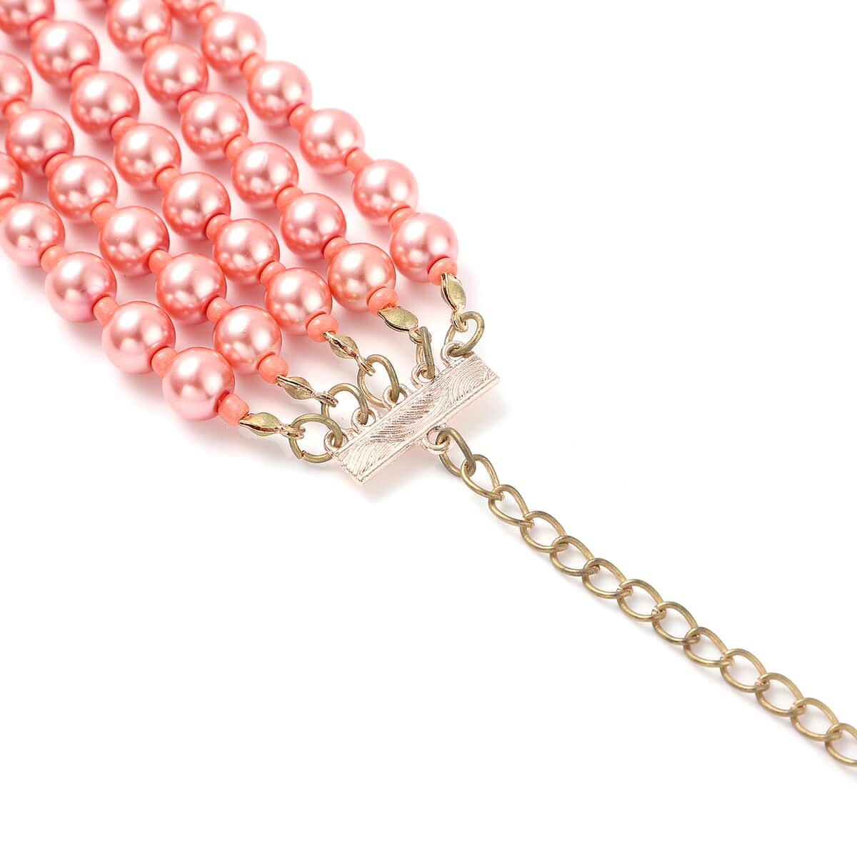 Simulated Peach Pearl Beaded Multi Row Necklace with Charm 22-25 Inches in Rosetone image number 5