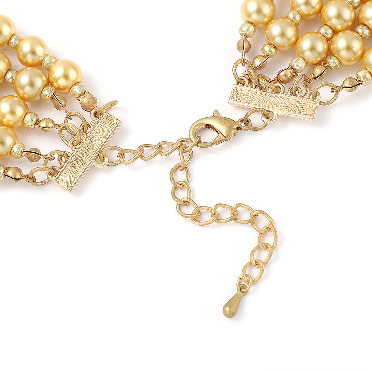 Simulated Golden Pearl Beaded Multi Row Necklace with Charm 22-25 Inches in Rosetone image number 4