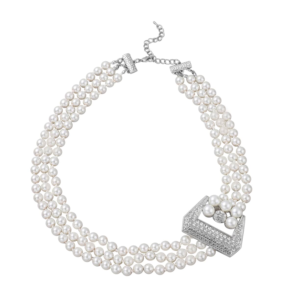 Simulated White Pearl and Multi Gemstone Triple Row Necklace 21.50-23.50 Inches in Silvertone image number 0