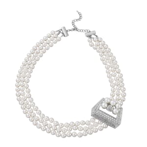 Simulated White Pearl and Multi Gemstone Triple Row Necklace 21.50-23.50 Inches in Silvertone