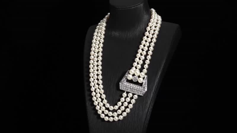 Simulated White Pearl and Multi Gemstone Triple Row Necklace 21.50-23.50 Inches in Silvertone