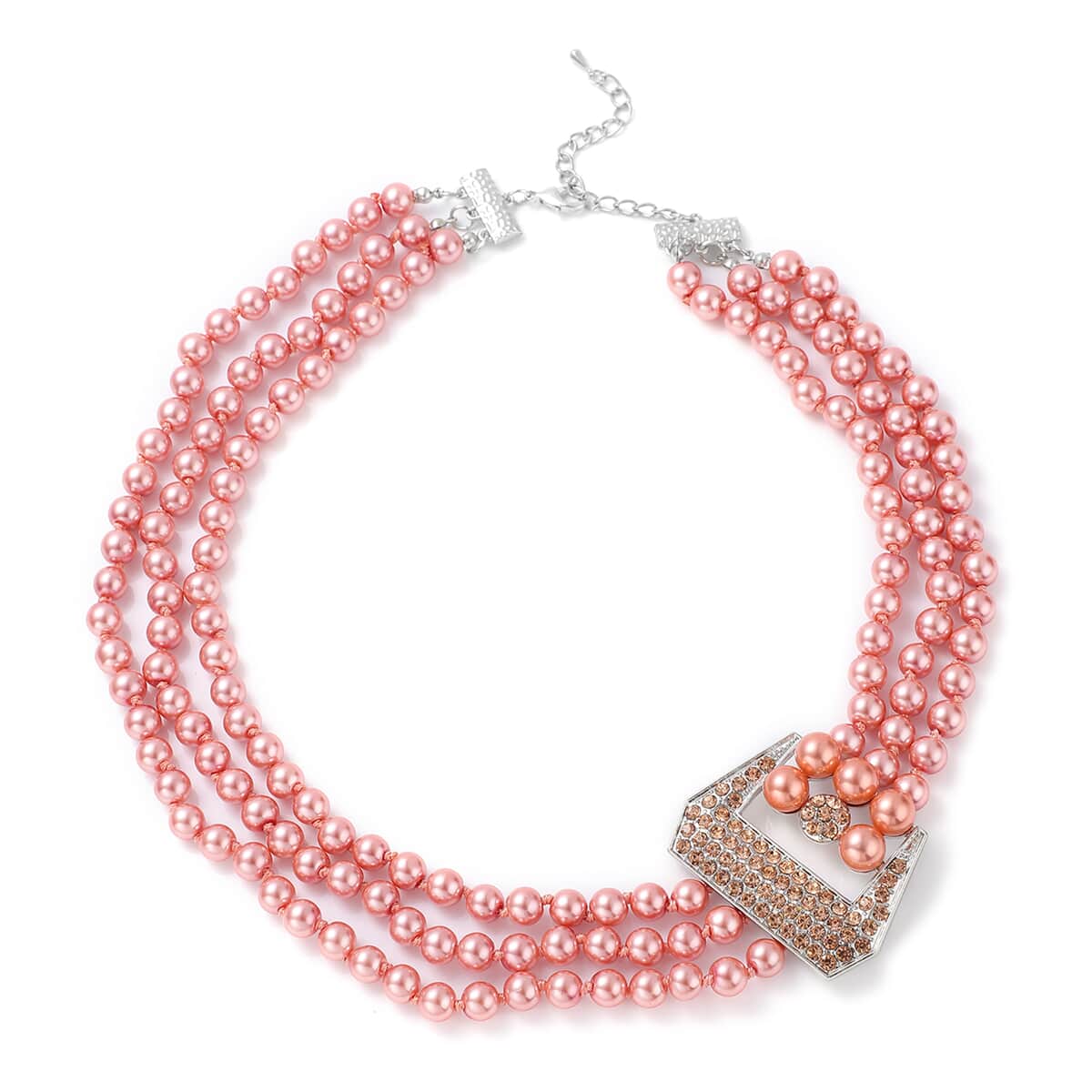 Simulated Peach Pearl and Multi Gemstone Triple Row Necklace 21.50-23.50 Inches in Silvertone image number 0