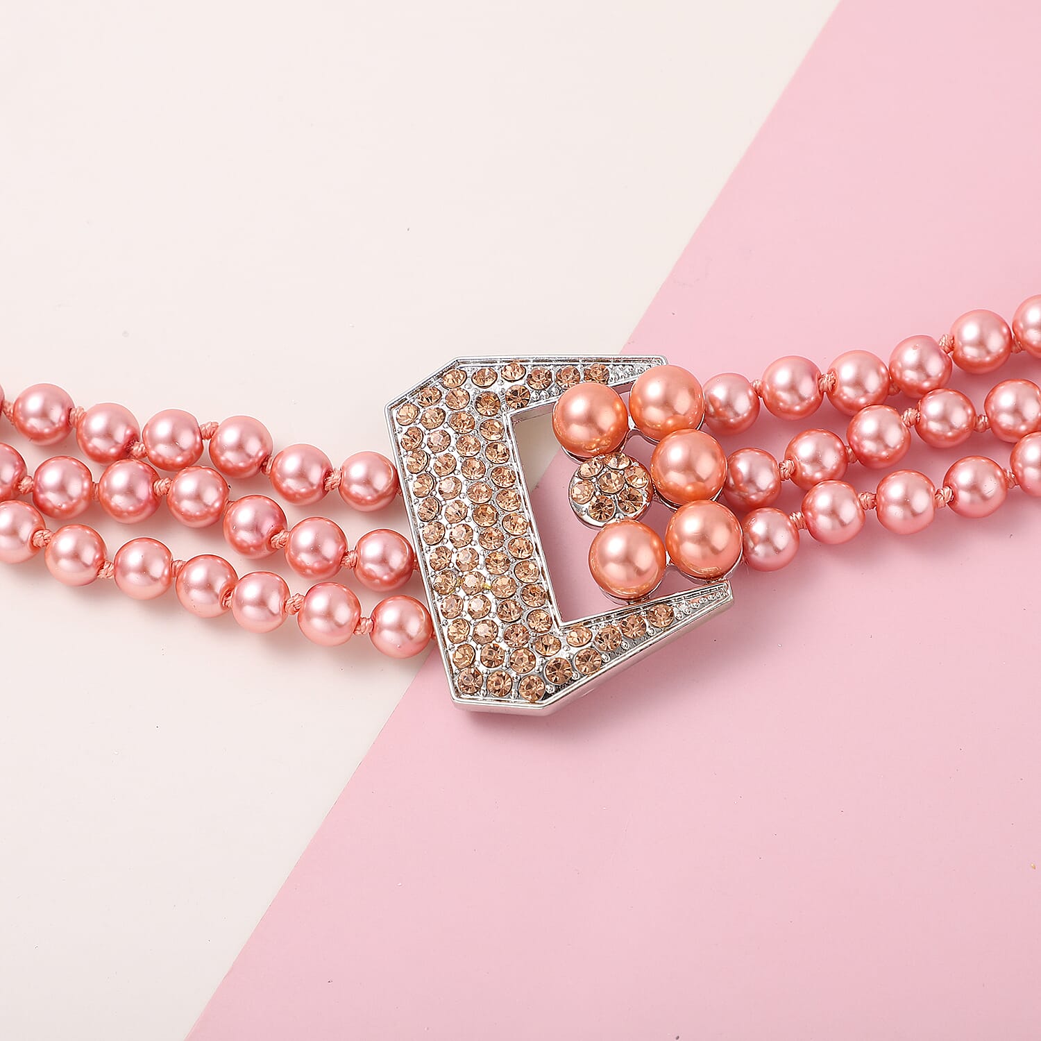 Simulated Peach Pearl and Multi Gemstone Triple Row Necklace 21.50-23.50 Inches in Silvertone