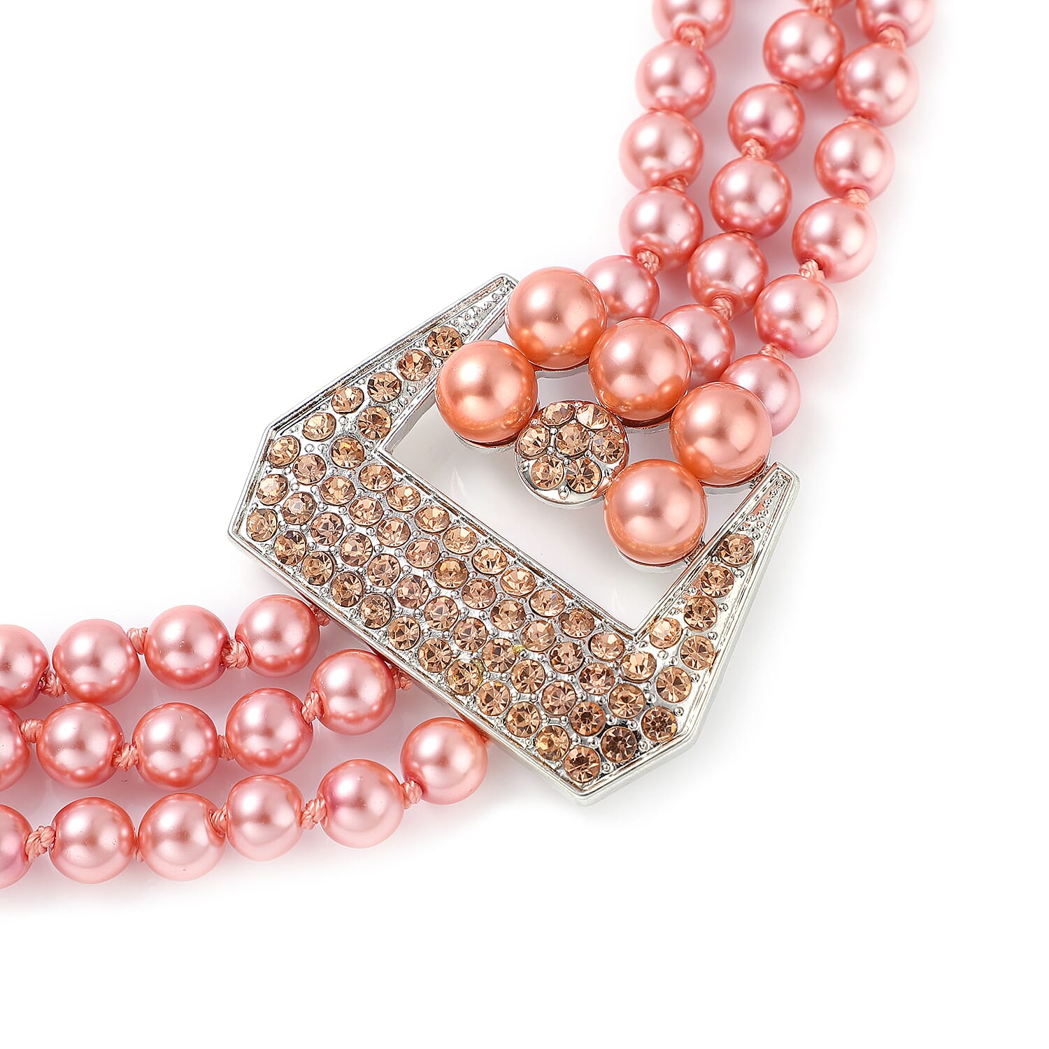 Simulated Peach Pearl and Multi Gemstone Triple Row Necklace 21.50-23.50 Inches in Silvertone