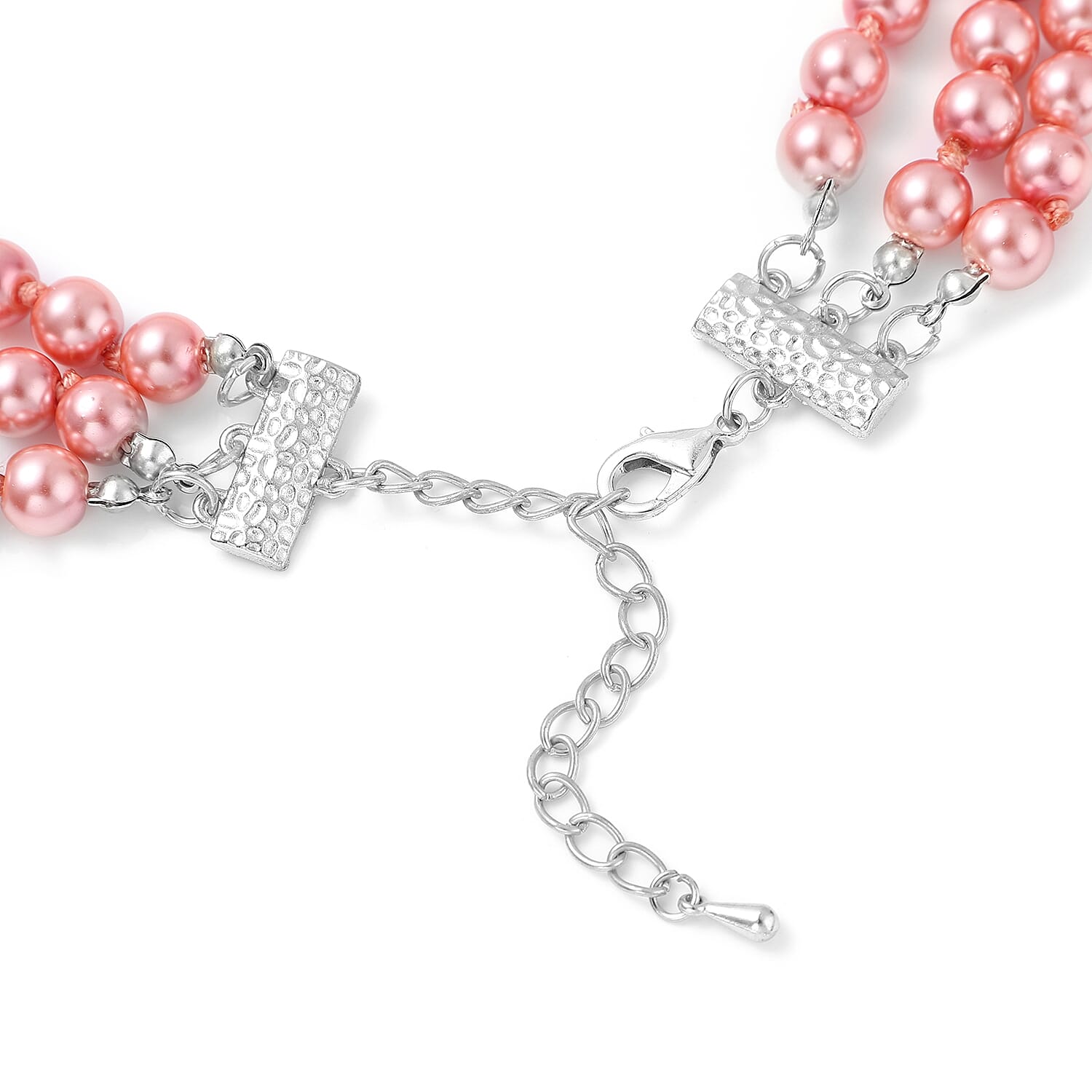 Simulated Peach Pearl and Multi Gemstone Triple Row Necklace 21.50-23.50 Inches in Silvertone