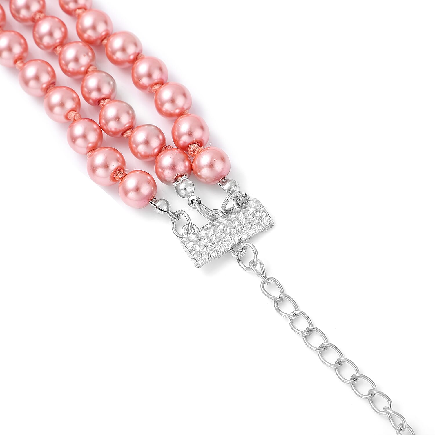 Simulated Peach Pearl and Multi Gemstone Triple Row Necklace 21.50-23.50 Inches in Silvertone