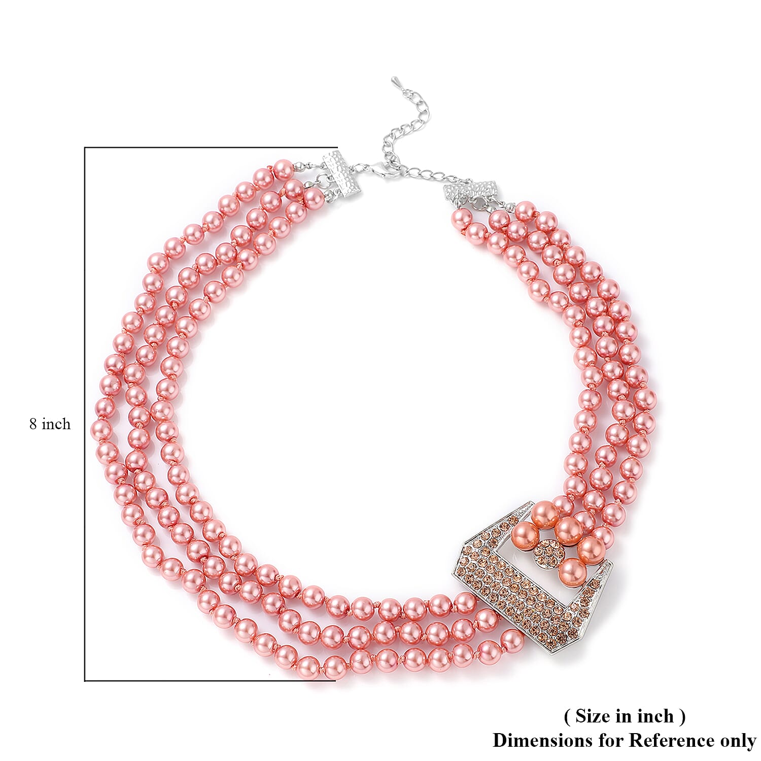 Simulated Peach Pearl and Multi Gemstone Triple Row Necklace 21.50-23.50 Inches in Silvertone