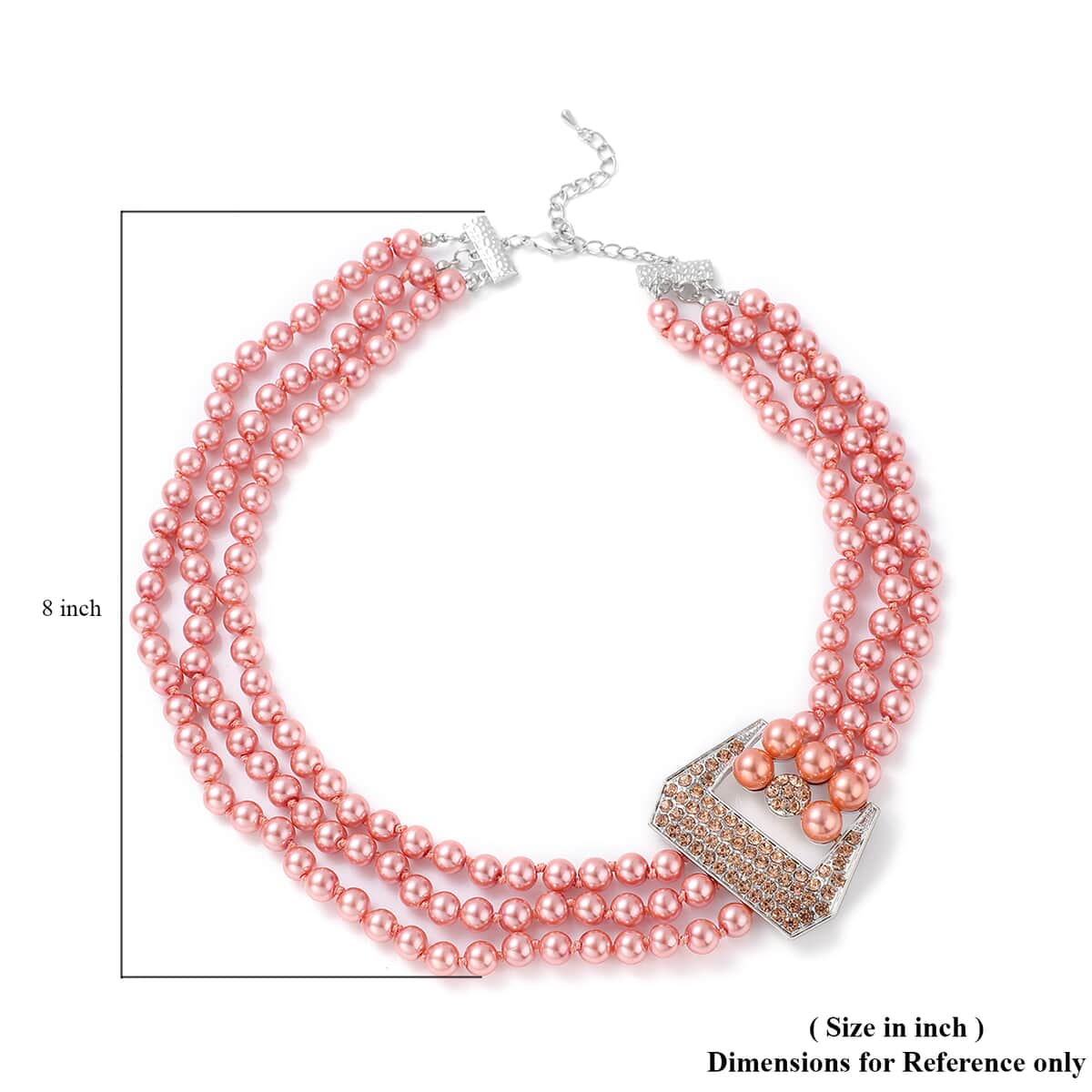 Simulated Peach Pearl and Multi Gemstone Triple Row Necklace 21.50-23.50 Inches in Silvertone image number 6