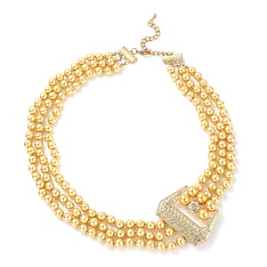 Simulated Golden Pearl and Multi Gemstone Triple Row Necklace 21.50-23.50 Inches in Goldtone