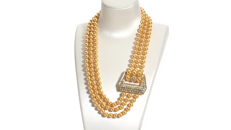 Simulated Golden Pearl and Multi Gemstone Triple Row Necklace 21.50-23.50 Inches in Goldtone
