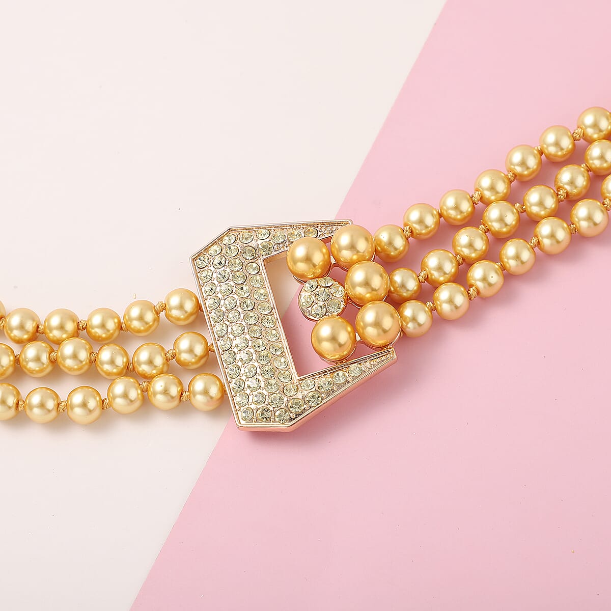 Simulated Golden Pearl and Multi Gemstone Triple Row Necklace 21.50-23.50 Inches in Goldtone image number 1