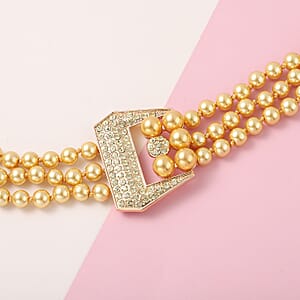 Simulated Golden Pearl and Multi Gemstone Triple Row Necklace 21.50-23.50 Inches in Goldtone