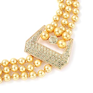 Simulated Golden Pearl and Multi Gemstone Triple Row Necklace 21.50-23.50 Inches in Goldtone